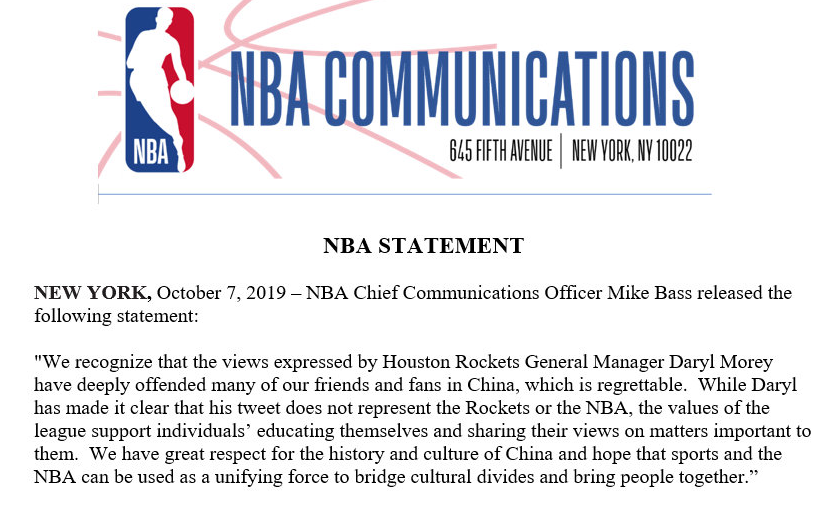 NBA發言人:官方聲明翻譯有誤 原文並無