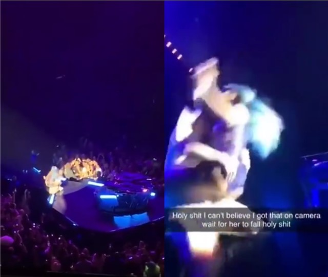 LadyGaga演唱会与男粉激烈互动 双双跌落舞台