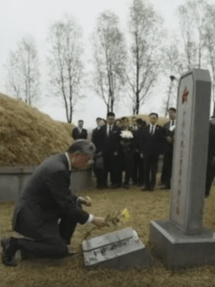 王毅在朝鲜祭扫中国人民志愿军烈士陵园 单膝跪地献花